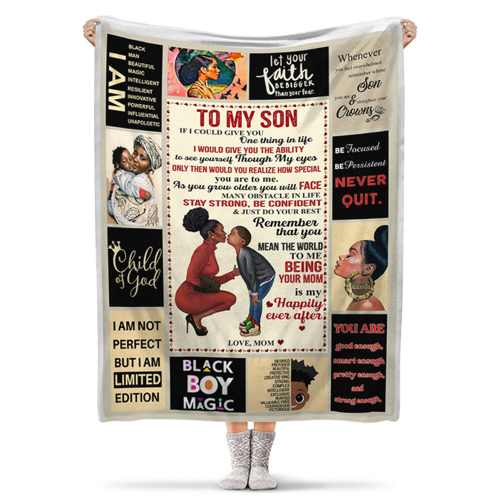 Personalized Fleece Throw Blanket To My Son From Mom Stay Strong Be Confident Black Boy Magic Print Blanket Custom Name