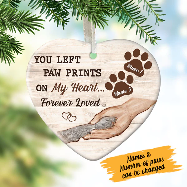 Personalized Memorial Ornament For Pet Loss You Left Paw Print On My Heart Custom Name Tree Hanging Sympathy Gifts