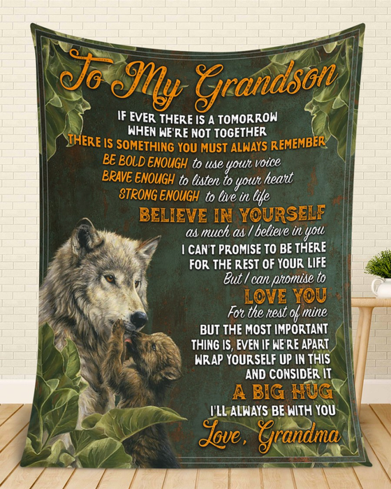 Personalized To My Grandson Fleece Blanket Wolf Family There Is Something You Must Always Remember Wolves With Leaves