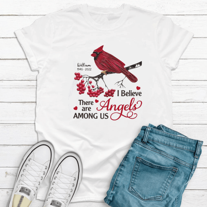 Personalized Memorial T-Shirt For Loss Of Loved Ones There Are Angels Around Us Red Bird Custom Name Memorial Gifts