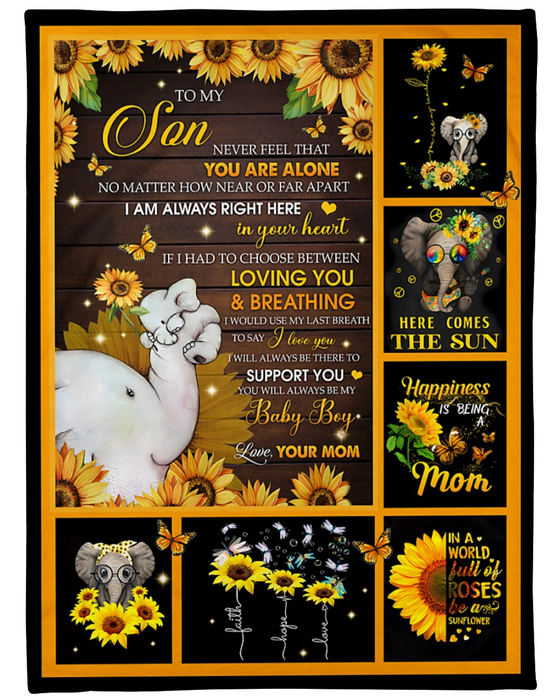 Personalized To My Son Blanket From Mom Always Be There Old & Baby Elephant Print Sunflower Design Custom Name