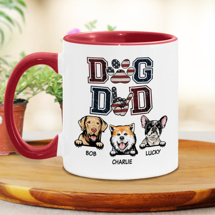 Personalized Accent Mug For Dog Dad Funny Vintage American Flag Pawprint Design Custom Dog's Name 11 15oz Cup