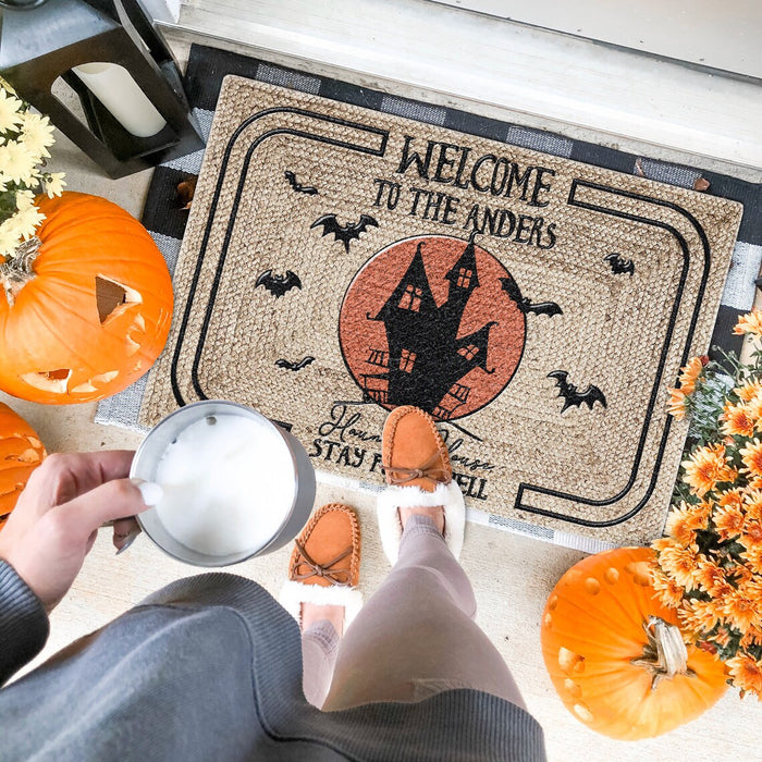 Personalized Halloween Doormat Welcome To Haunted House Stay For A Spell Doormat Castle & Bat Printed Custom Family Name