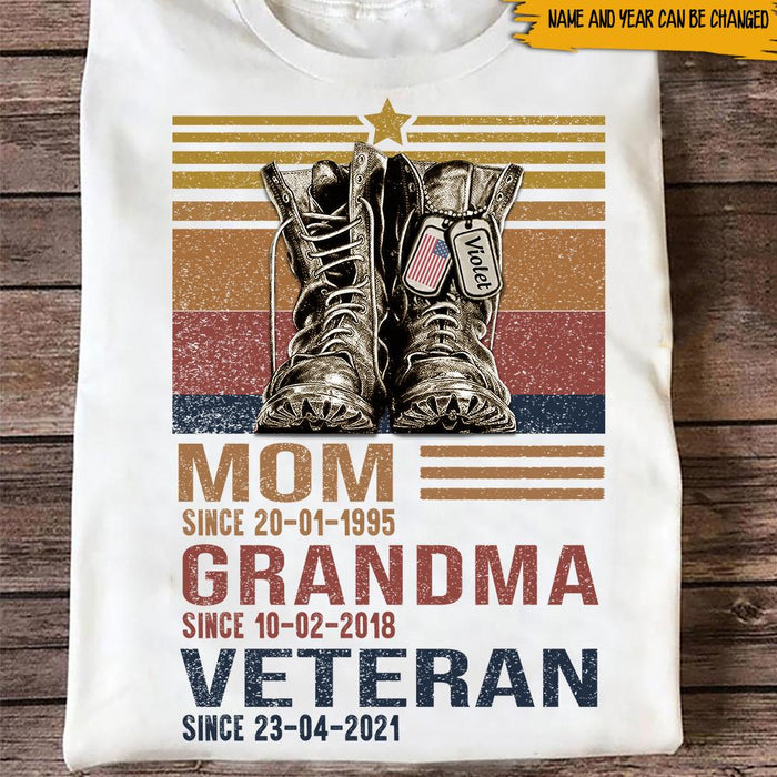 Personalized T-Shirt Mom Grandma Veteran Custom Name & Date Military Combat Boot With Dog Tag Printed Patriotic Shirt