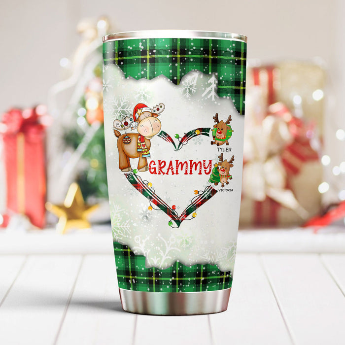 Personalized Tumbler Gifts For Grandma From Grandkids Blue Plaid Snowflake Reindeers Custom Name For Christmas