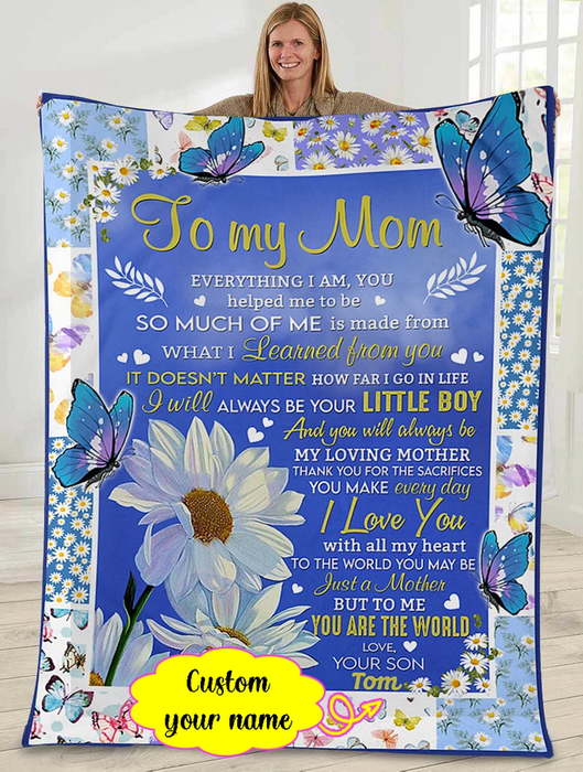 Personalized Lovely Blanket To My Mom Blue Butterfly & Daisy Blanket For Mothers Day Custom Name