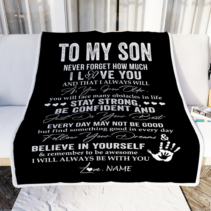 Personalized Fleece Sherpa Blanket To My Son I Love You Forever And Always From Mom Dad Handprint Black Blanket