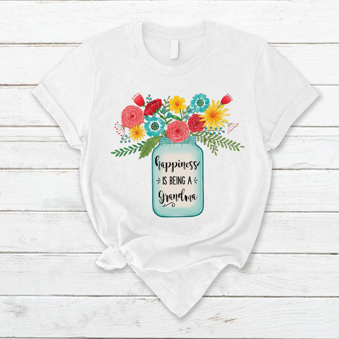 Personalized T-Shirt Happiness Is Being A Grandma Vase Of Colorful Flower Printed Mothers Day Shirt