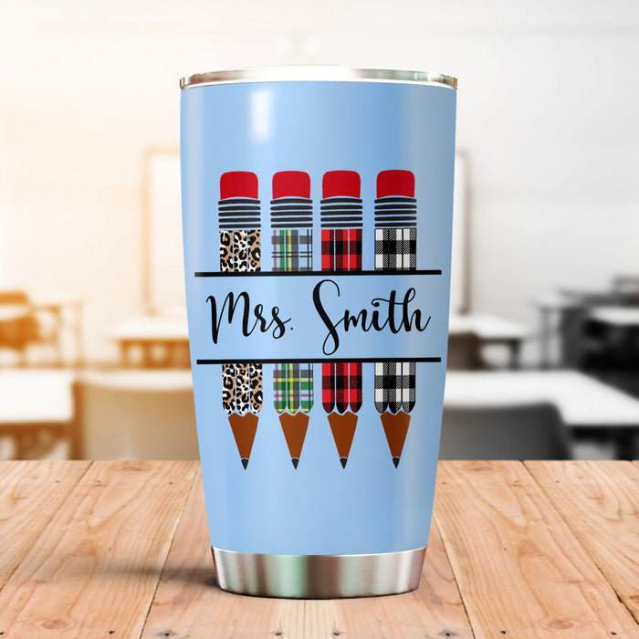 Personalized Tumbler For Teacher Leopard Red Plaid Pencil  20oz Travel Cup Custom Name Gifts For Back To School