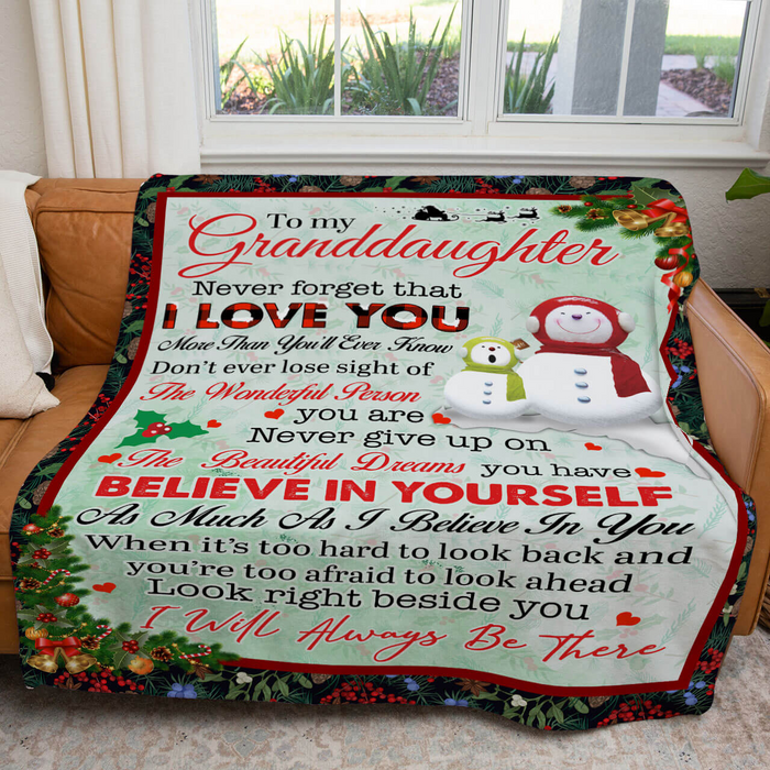 Personalized To My Granddaughter Blanket Never Forget That I Love You Cute Snowmen & Xmas Tree Printed Plaid Design