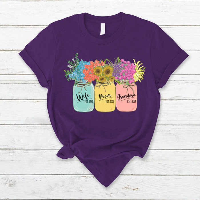 Personalized T-Shirt For Wife Mom Grandma Est. Year Vase Of Colorful Flower Printed Mothers Day Shirt