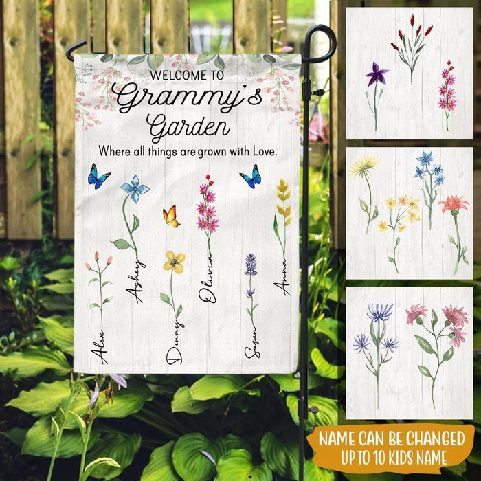 Personalized Garden Flag For Nana Welcome To Grammy's Garden Flower Butterflies Custom Grandkids Name Welcome Flag Gifts