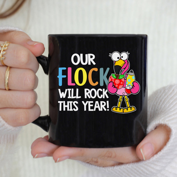 Novelty Back To School Mug Our Flock Will Rock This Year Flamingo Printed 11 15oz Black Ceramic Coffee Cup