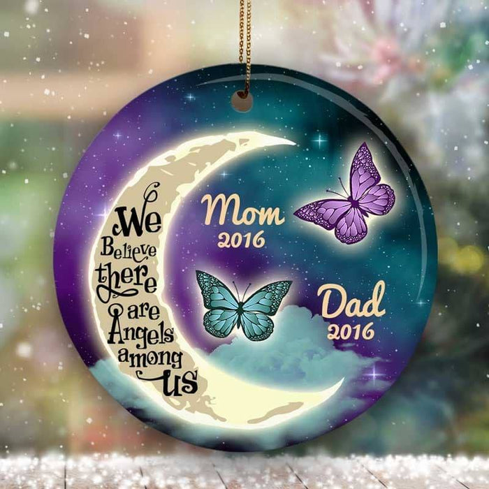 Personalized Memorial Ornament For Dad Mom In Heaven Moon Butterflies Angles Among Us Custom Name Bereavement Gifts