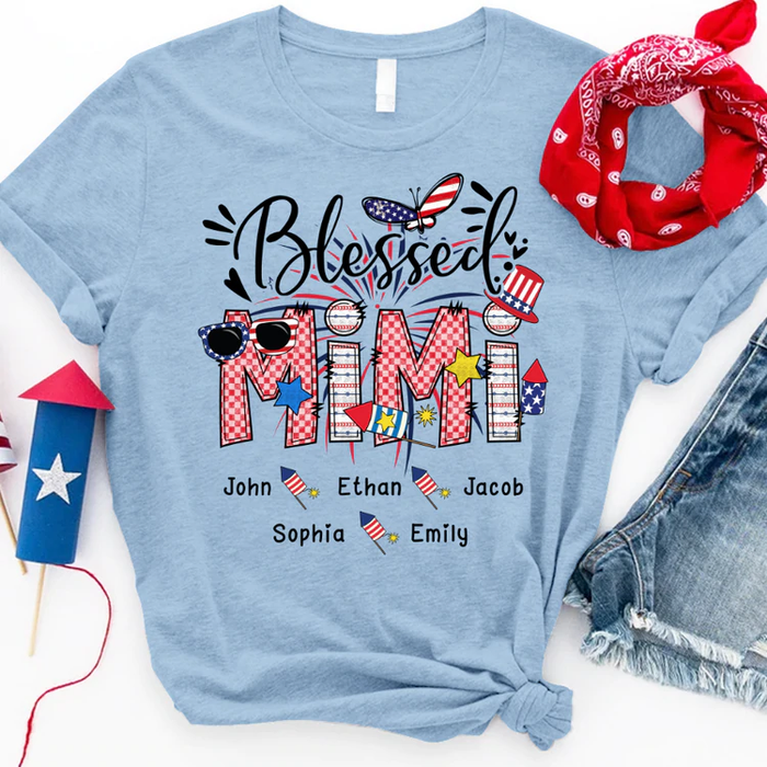 Personalized T-Shirt For Grandma Blessed Mimi USA Flag & Plaid Design Custom Grandkids Name 4th Of July Shirt