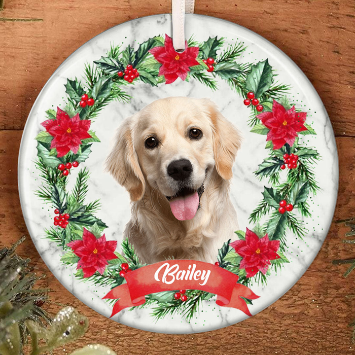 Personalized Ornament For Dog Owners Wreath Holly Poinsettia Flower Custom Name Photo Tree Hanging Gifts For Christmas