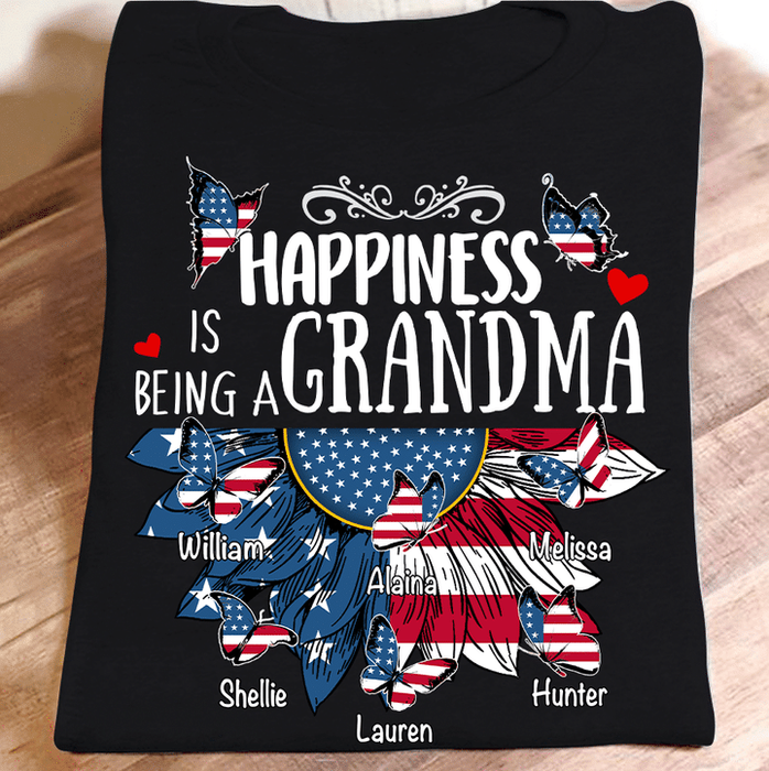 Personalized T-Shirt For Grandma Butterfly & Sunflower With USA Flag Style Custom Grandkids Name 4th July Day Shirt