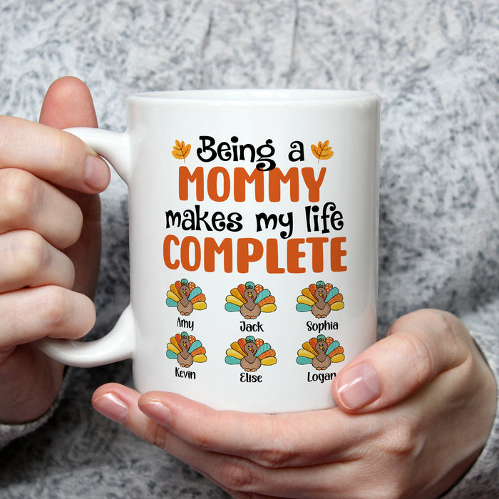 Personalized Ceramic Coffee Mug For Mom My Life Complete Turkey Print Custom Kids Name 11 15oz Funny Autumn Cup