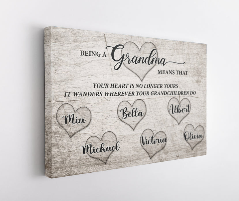 Personalized Matte Canvas For Grandma Vintage Heart Design Wooden Background Custom Grandkids Name Canvas Poster