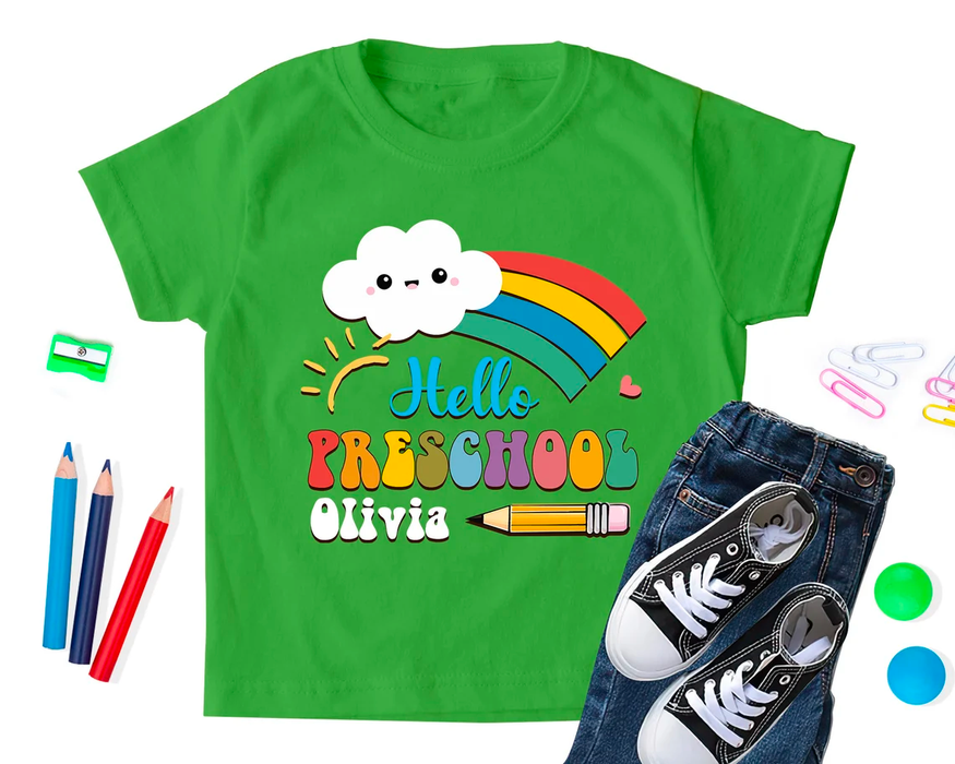 Personalized T-Shirt For Kid Hello Preschool Colorful Rainbow With Cloud Print Custom Name Back To School Outfit
