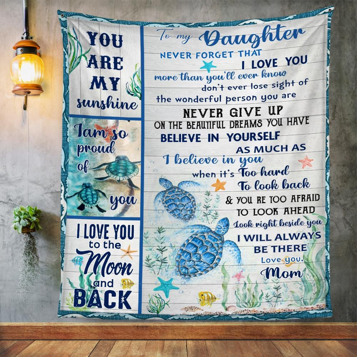 Personalized Premium Blanket To My Daughter From Mom Believe In Yourself Turtle In The Sea Wooden Striped Blanket