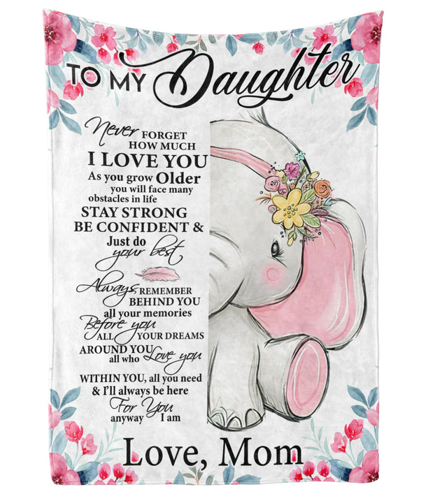 Personalized To My Daughter Blanket From Mom Cute Baby Elephant With Pink Flower Printed Custom Name Premium Blanket