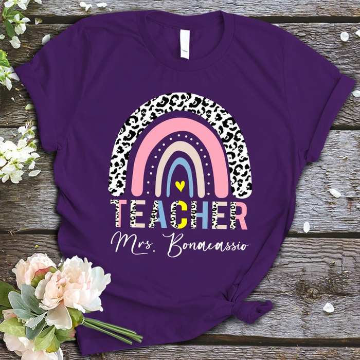 Personalized T-Shirt For Teacher Colorful Leopard Rainbow Design Cute Heart Print Custom Name Back To School Outfit