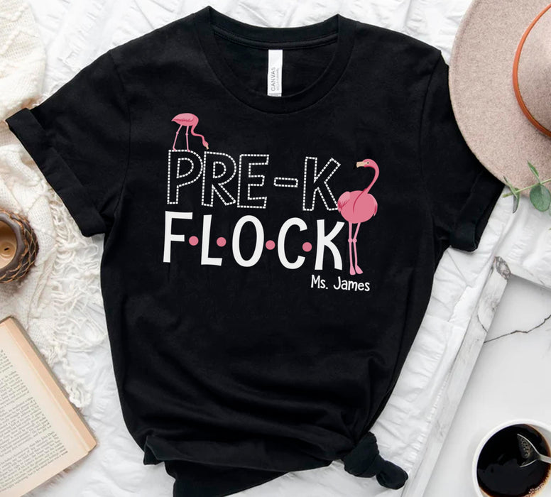 Personalized T-Shirt For Per-K Flock Cute Old And Baby Flamingo Printed Custom Name Back To School Outfit