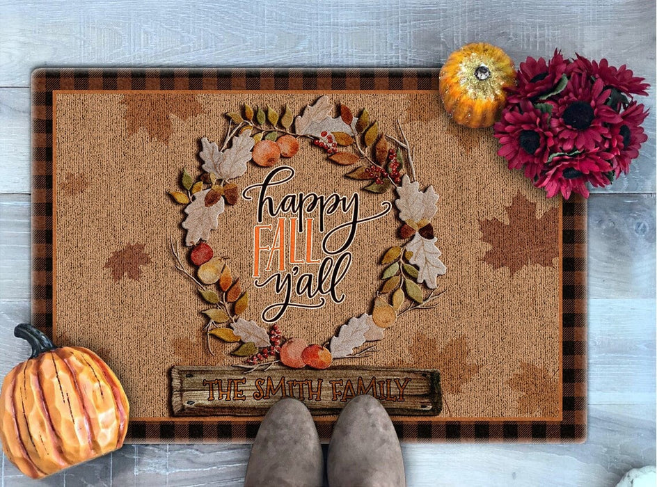 Personalized Welcome Doormat For Fall Lovers Happy Fall Y'all Circle Of Leaves Printed Custom Family Name Plaid Design