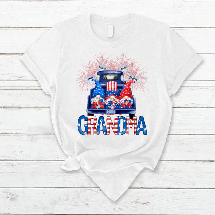 Personalized T-Shirt For Grandma Gnome USA Flag Design Car & Fireworks Custom Grandkids Name 4th Of July Shirt