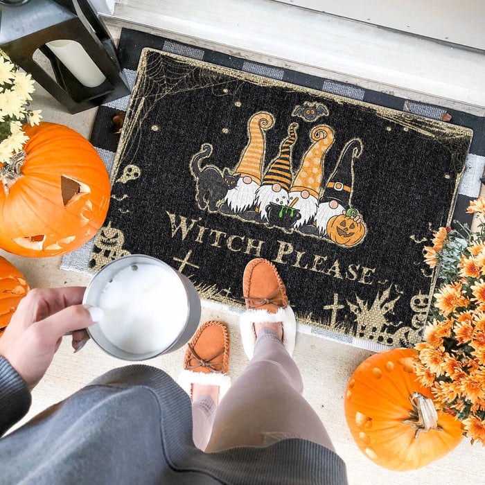 Welcome Doormat Witches Please Cute Witch Gnome With Black Stripe Polka Dot Hat And Pumpkin Ghost Grave Printed