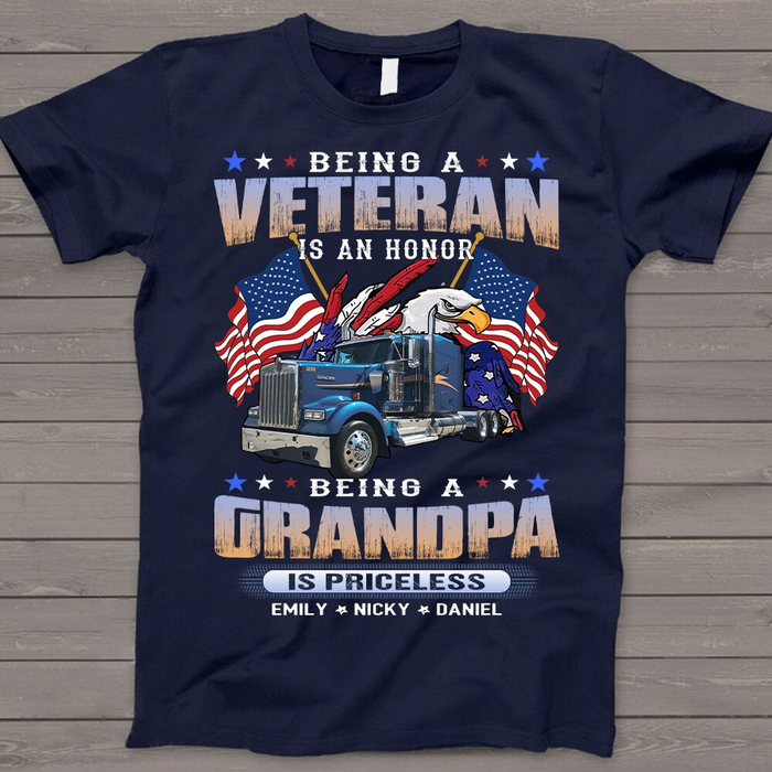 Personalized T-Shirt Being A Veteran Is An Honor Being A Grandpa Is Priceless Custom Kids Name American Eagle Printed