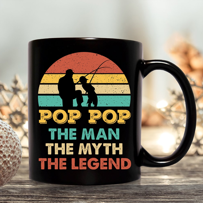 Personalized Ceramic Coffee Mug For Fishing Grandpa The Man The Myth Colorful Vintage Design Custom Name 11 15oz Cup