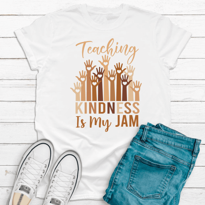 Classic T-Shirt For Teachers Teaching Kindness Colorful Raised Hand Design Custom Name Back To School Outfit