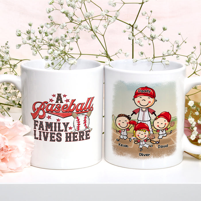 Personalized Ceramic Coffee Mug A Baseball Family Lives Here Balls Bats And Kids Print Custom Name 11 15oz Cup