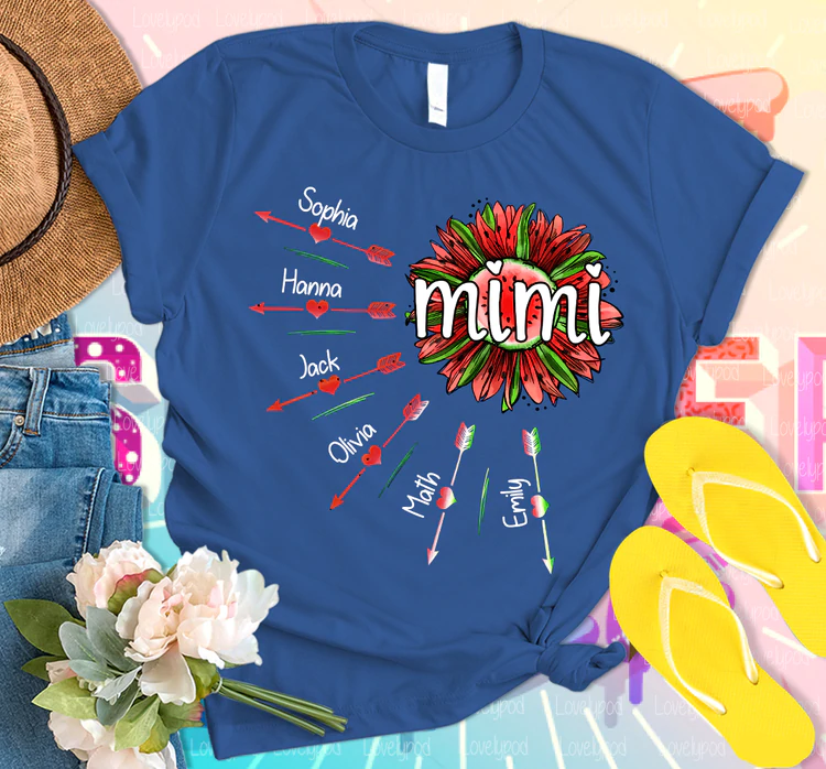 Personalized T-Shirt For Grandma Sunflower & Watermelon Design Arrow Print Custom Grandkid's Name Mother's Day Shirt