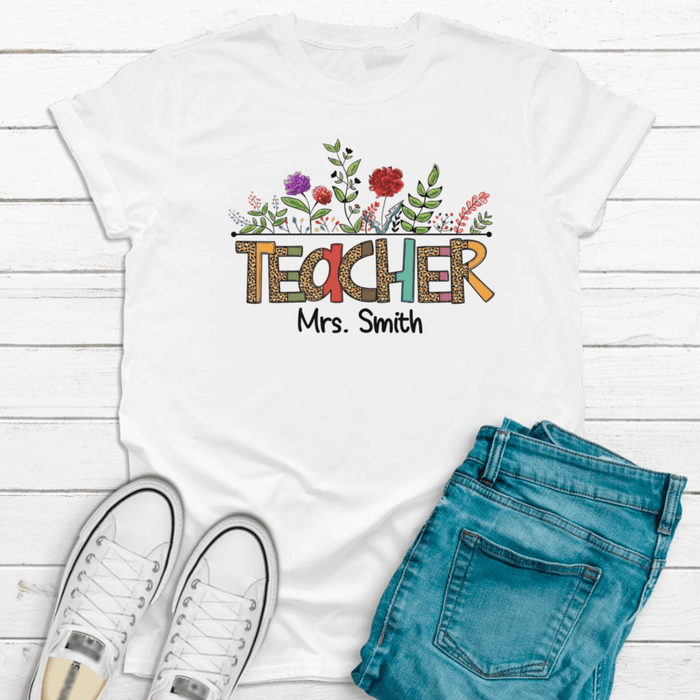 Personalized T-Shirt For Teacher Mrs. Smith Colorful Leopard With Flower Design Custom Name Back To School Outfit