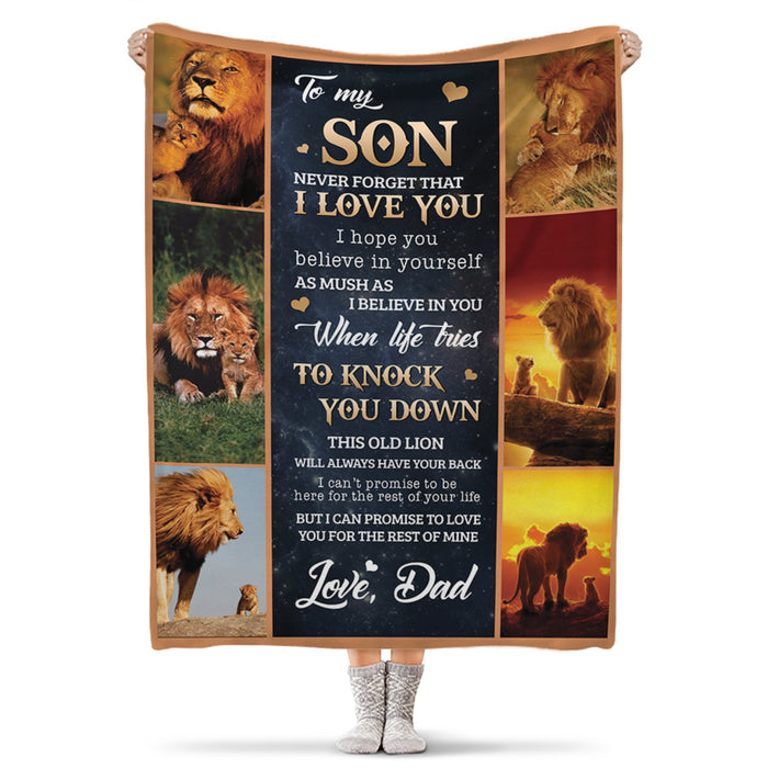 Personalized To My Son Blanket From Dad When Life Tries To Knock You Down Old Lion & Baby Lion Printed Fleece Blanket