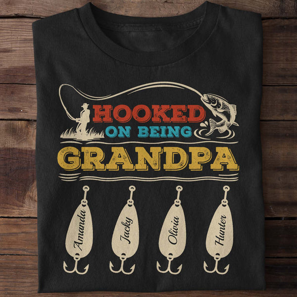 Personalized T-Shirt For Fishing Lovers Hooked On Being Grandpa Retro Vintage Design Custom Grandkids Name