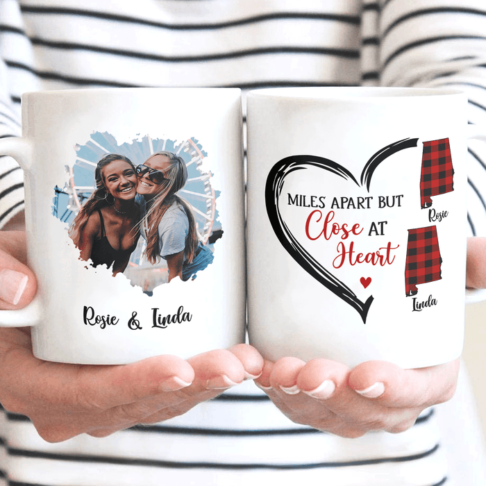 Personalized Coffee Mug For Besties Miles Apart But Close At Heart Plaid Custom Name Photo Cup Long Distance Touch Gifts