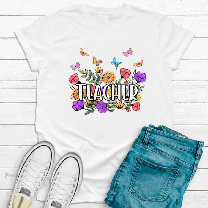 Personalized T-Shirt For Teachers Colorful Flowers Design Custom Job Title Back To School 2022 Outfit