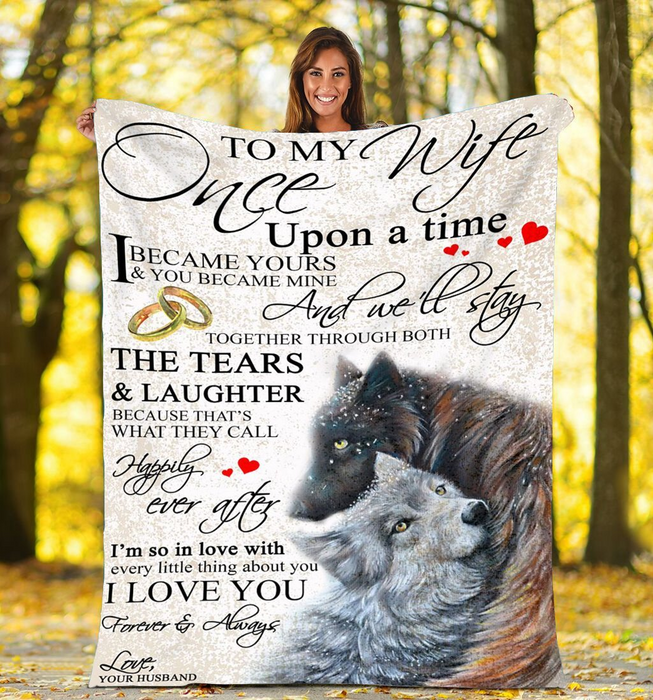 Personalized Valentine Blanket To My Wife Once Upon A Time Rings & Wolf Couple Prints Custom Name Fleece Blankets