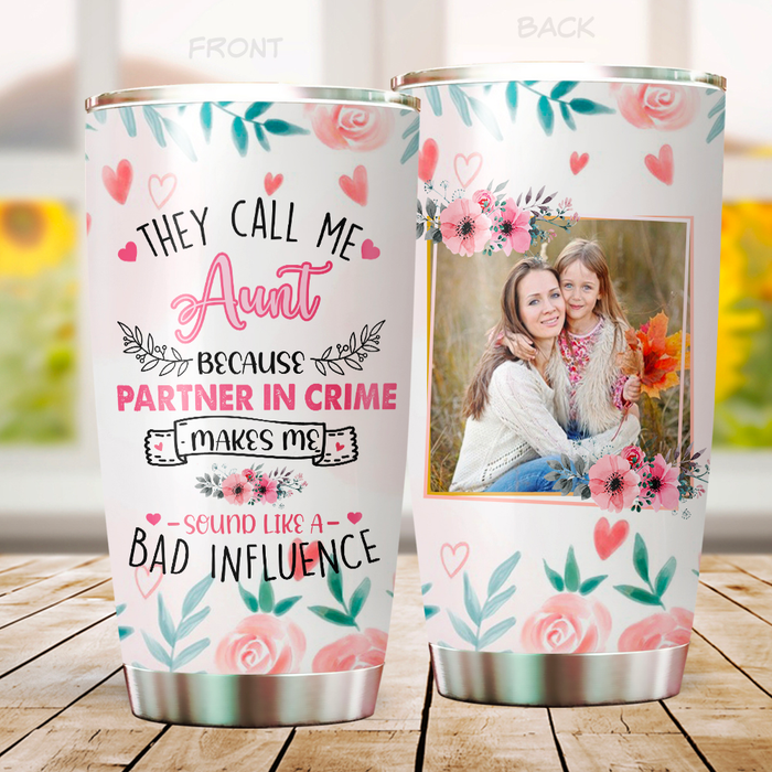 Personalized Tumbler Gifts For Aunt From Niece Nephew Partners In Crime Influence Pink Flower Custom Name & Photo