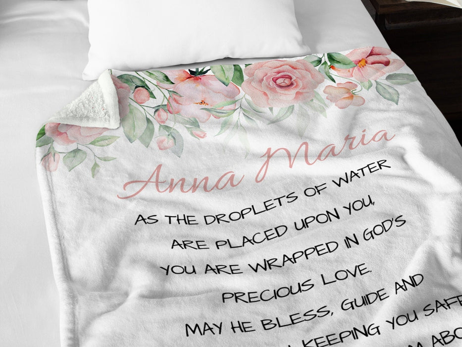 Personalized To My Goddaughter Blanket From Godmother Flower As The Droplets Of Water Custom Name Baptism Gifts