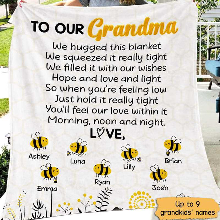 Personalized To Our Grandma Blanket We Hugged This Blanket Cute Bee & Flower Printed Custom Grandkids Name