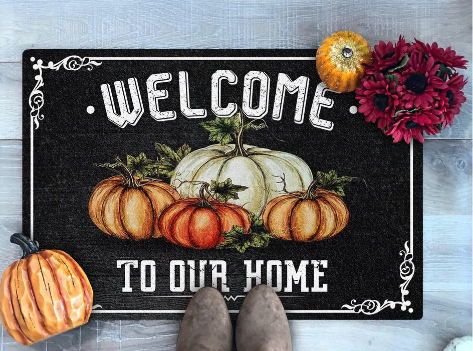 Vintage Pumpkin Doormat Welcome To Our Home Pumpkins Printed With Frame Pattern Black Background Fall Doormat