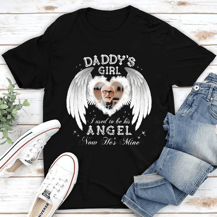 Personalized Memorial T-Shirt For Loss Of Daddy I Used To Be His Angel He's Mine Wings Custom Name Photo Sympathy Gifts