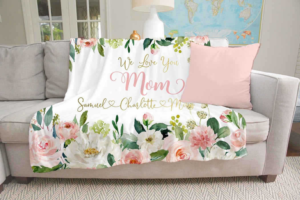 Personalized Rustic Floral Blanket For Grandma Mom Nana We Love You Family Fleece Blanket Custom Title & Grandkids Name