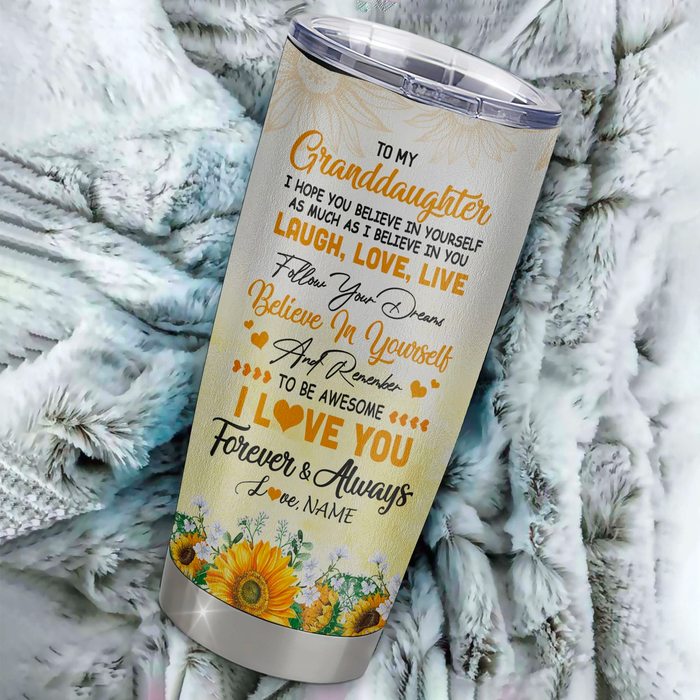 Personalized Tumbler To Granddaughter Gifts From Grandparents Sunflower Believe In Yourself Custom Name Travel Cup 20oz
