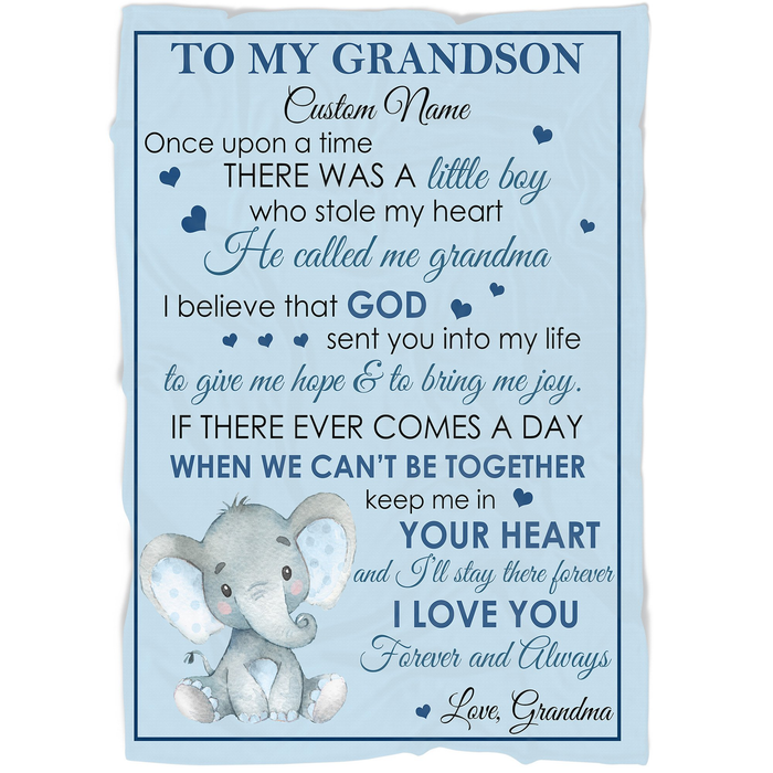 Personalized Blanket For Grandson From Grandma Stole My Heart Cute Elephant & Blue Heart Print Custom Name